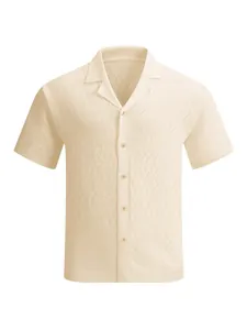 Men's stylish beige knitted short sleeve shirt featuring a textured chevron pattern