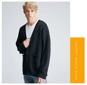 Detailed view of a classic black V-neck knitted cardigan for men