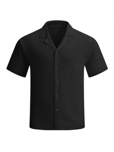 Men's black knitted short sleeve shirt with breathable zig-zag texture and lapel