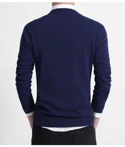 Back view of men's slim fit navy blue knit pullover sweater for business casual style