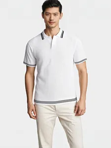 Men's Summer Knitted Polo Shirt Jacquard Viscose Blend Short Sleeve Contrast Striped Business Casual Men's Knitwear Top