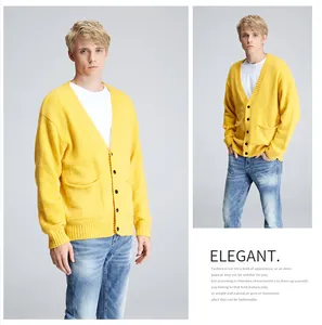 Full view and detail of a men's yellow V-neck knit cardigan sweater with pockets