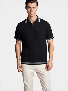 Premium men's knitted black Polo shirt with white stripe collar and jacquard pattern