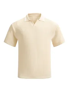 Men's cream short sleeve knitted Polo shirt with V-neck and textured jacquard pattern