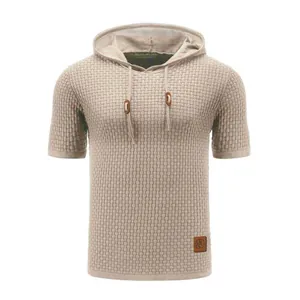 Men Casual Jacquard Ice Silk Knitted Hooded T-Shirt Short Sleeve Solid Waffle Texture Breathable Top For Summer Sports