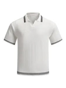 Men's summer knitted Polo shirt in white with black stripes on collar and cuffs