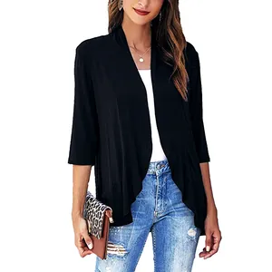 Stylish women's black 3/4 sleeve knit cardigan with elegant ruffled hem details