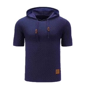 Men's jacquard short-sleeve hooded t-shirt with ice silk knitted texture in navy