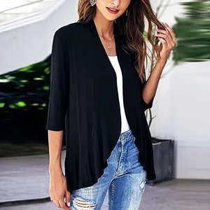 Elegant black 3/4 sleeve knit cardigan featuring a ruffled hem and open front style.