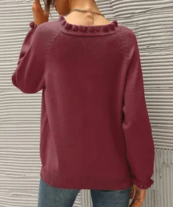 Back view of women's burgundy knit pullover sweater with elegant ruffled neckline detail