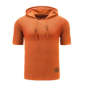 Orange men's jacquard knit short sleeve hoodie with drawstrings and thin ice silk texture