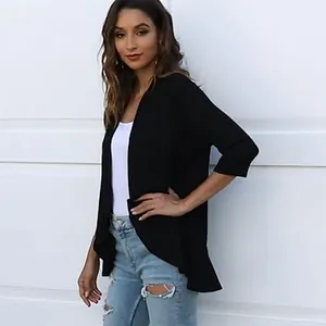 Elegant black knit cardigan for women featuring three-quarter sleeves and a ruffled hem