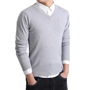 Men's slim fit light gray V-neck sweater, solid color knit pullover for office and casual