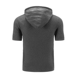 Back view of men's dark gray jacquard knit hoodie with breathable texture and short sleeves
