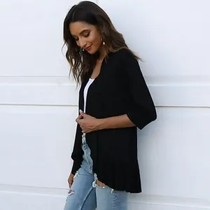 Women's lightweight black 3/4 sleeve knit cardigan with ruffle hem detail