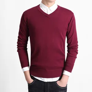 Men's slim fit V-neck knit sweater in burgundy for business casual autumn wear