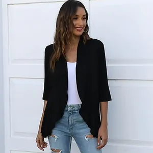 Close-up of women's black 3/4 sleeve knit cardigan with ruffled hem and open front style