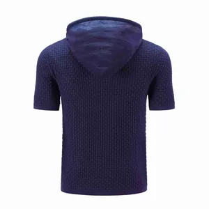 Detailed back view of a navy blue ice silk knit hoodie with a textured jacquard pattern