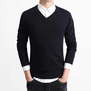 Men's slim fit black V-neck knit sweater for business casual autumn style wear