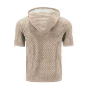 Back view of men's beige short sleeve hooded knit T-shirt with jacquard waffle texture