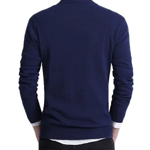 Back view of slim fit dark blue men's sweater, comfortable business casual autumn wear.