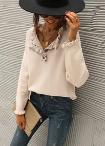 Detail showing the elegant ruffle collar and button design on this cream knit sweater.