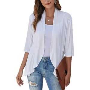 Women Plus Size Knit Cardigan Ruffle Hem 3/4 Sleeve Solid Color Viscose Knitted Open Front Sweater Top Casual Autumn Jacket