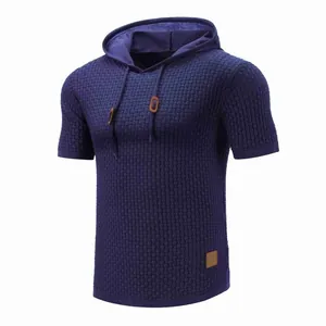 Premium men's navy blue short sleeve hooded knit t-shirt with jacquard waffle texture