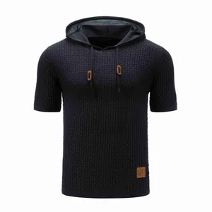 Men's casual slim fit short sleeve knitted hoodie with jacquard texture pattern