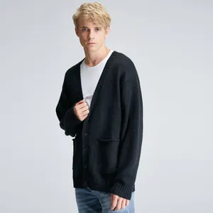 Oversized men's V-neck knit cardigan in black for a casual layered look