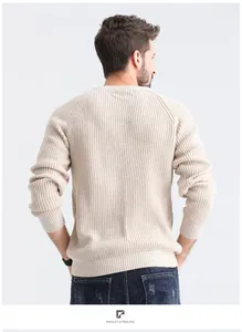 Detailed back view of a men's classic beige crew neck ribbed knit sweater for winter