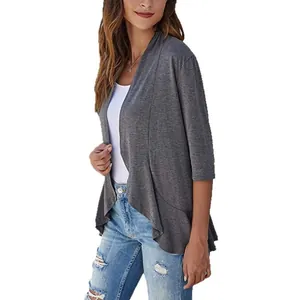 Elegant women's casual dark grey 3/4 sleeve knitted cardigan with ruffled hemline detail