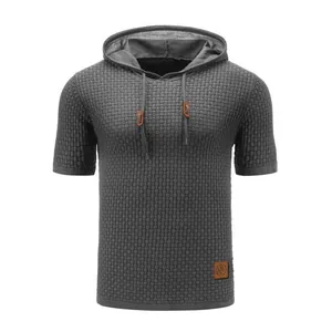 Stylish men's grey jacquard ice silk knit short sleeve hooded T-shirt for casual summer wear