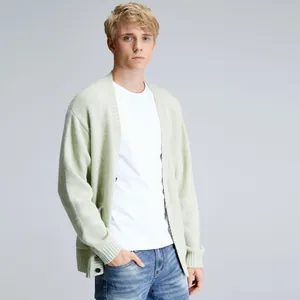 Stylish mint green V-neck knit cardigan for men in a casual oversized fit