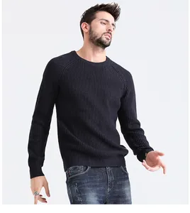 Close-up detail showing the texture of men's dark navy ribbed knit crew neck sweater