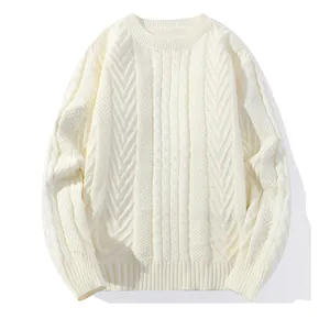 Men's cream white chunky cable knit crew neck sweater for autumn and winter season