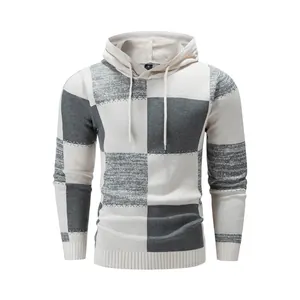 Men's Casual Hooded Knit Sweater Cotton Blend Patchwork Checkered Long Sleeve Pullover Autumn Winter Hooded Sweatshirt