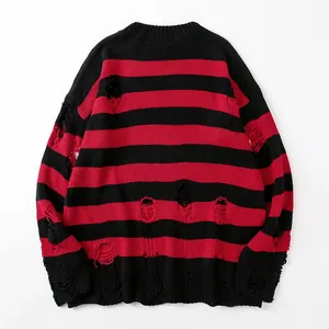 Herren Japanischer Retro Gestreifter Distressed Strickpullover Lässig Oversized Zerrissener Top Für Paare Streetwear Winterpullover