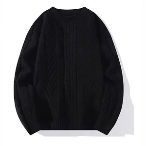Classic men's black cable-knit crewneck sweater with intricate textured weave patterns