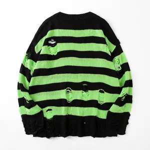 Zerrissener schwarz-grün gestreifter Oversize-Strickpullover für Damen und Herren
