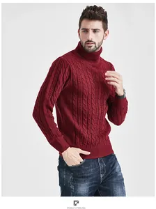 Detail showing texture of a men's burgundy cable-knit turtleneck sweater in slim fit