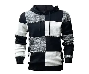 Detailed view of men's color-block knitted hoodie featuring white decorative cross-stitching