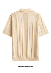 Detailed back view of men's cream short sleeve knit Polo shirt with hollow out texture