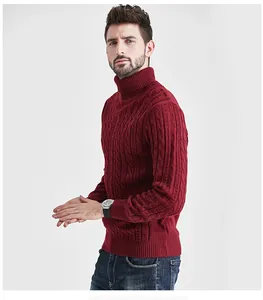 Detail view showing the cable knit texture of a men's burgundy turtleneck sweater