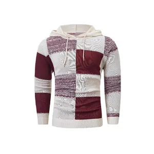 Detail view of men's checkered knitted hoodie with adjustable drawstring in white and maroon