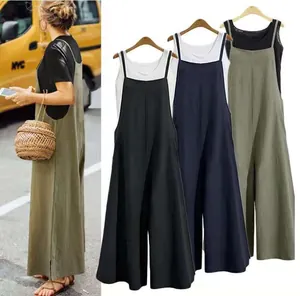 Detailed view of European style loose wide-leg jumpsuits in various colors.
