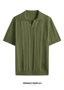 Men's olive green short sleeve knit polo shirt with intricate hollow-out texture