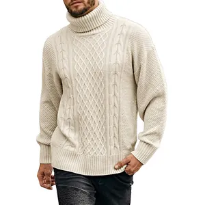 Gezellige beige coltrui voor heren met kabelpatroon, dikke herfsttrui met lange mouw