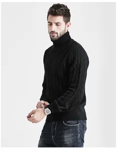 Close-up of black men's slim fit turtleneck sweater featuring classic cable-knit texture.