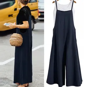 Side profile and front view of navy blue loose wide-leg jumpsuit for women